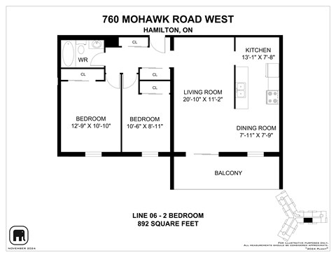 Floor plan for 2 beds, 1 bath, 1088 sqft